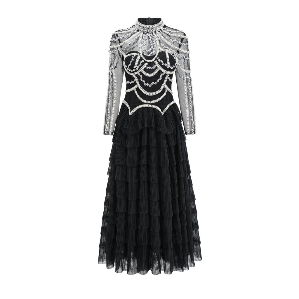Black women's beaded long sleeve polyester dress with mid-waist and long skirt for formal occasions