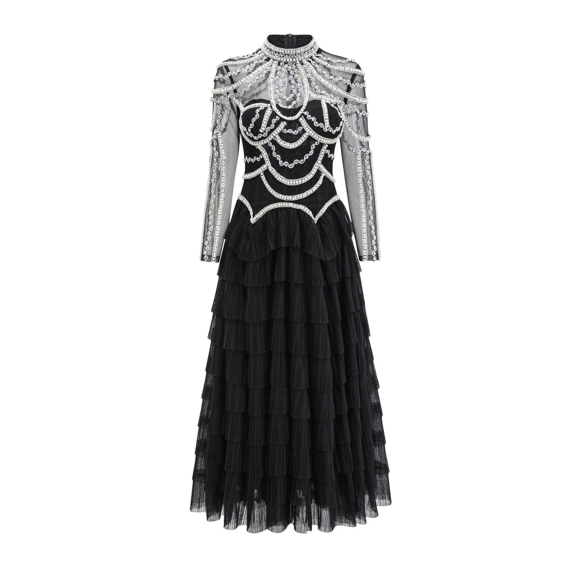Black women's beaded long sleeve polyester dress with mid-waist and long skirt for formal occasions