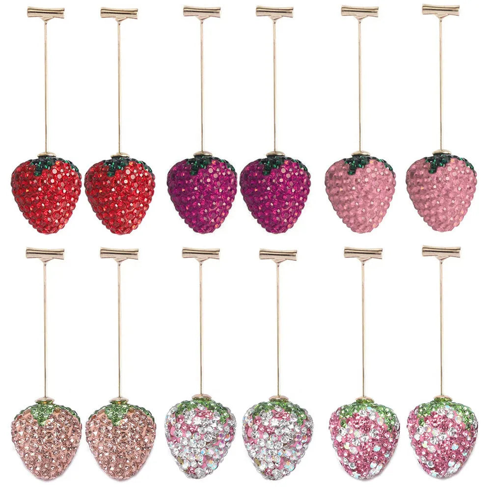 Red geometric strawberry-shaped stud earrings for women on a zinc alloy base.