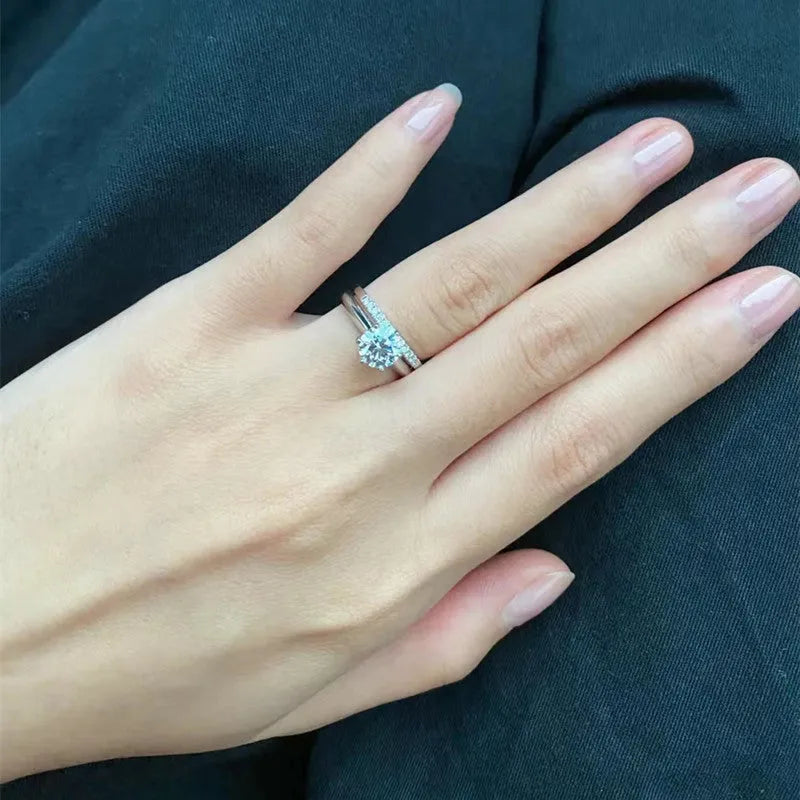 D colour moissanite couple rings with dragon phoenix decoration on 925 silver plated heart-shaped adjustable bands