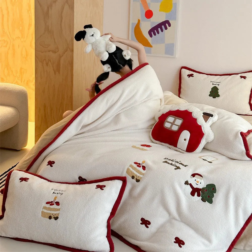 Cartoon Christmas four-piece bedding set with Xuefu Milk Pastry pattern on polyester fabric