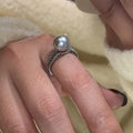 Black pearl open index finger ring with geometric copper design and adjustable opening