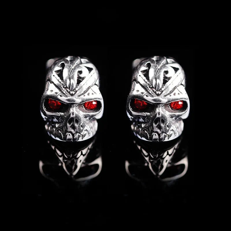 Retro skull stud earrings with red eye ghost head design and electroplated alloy construction