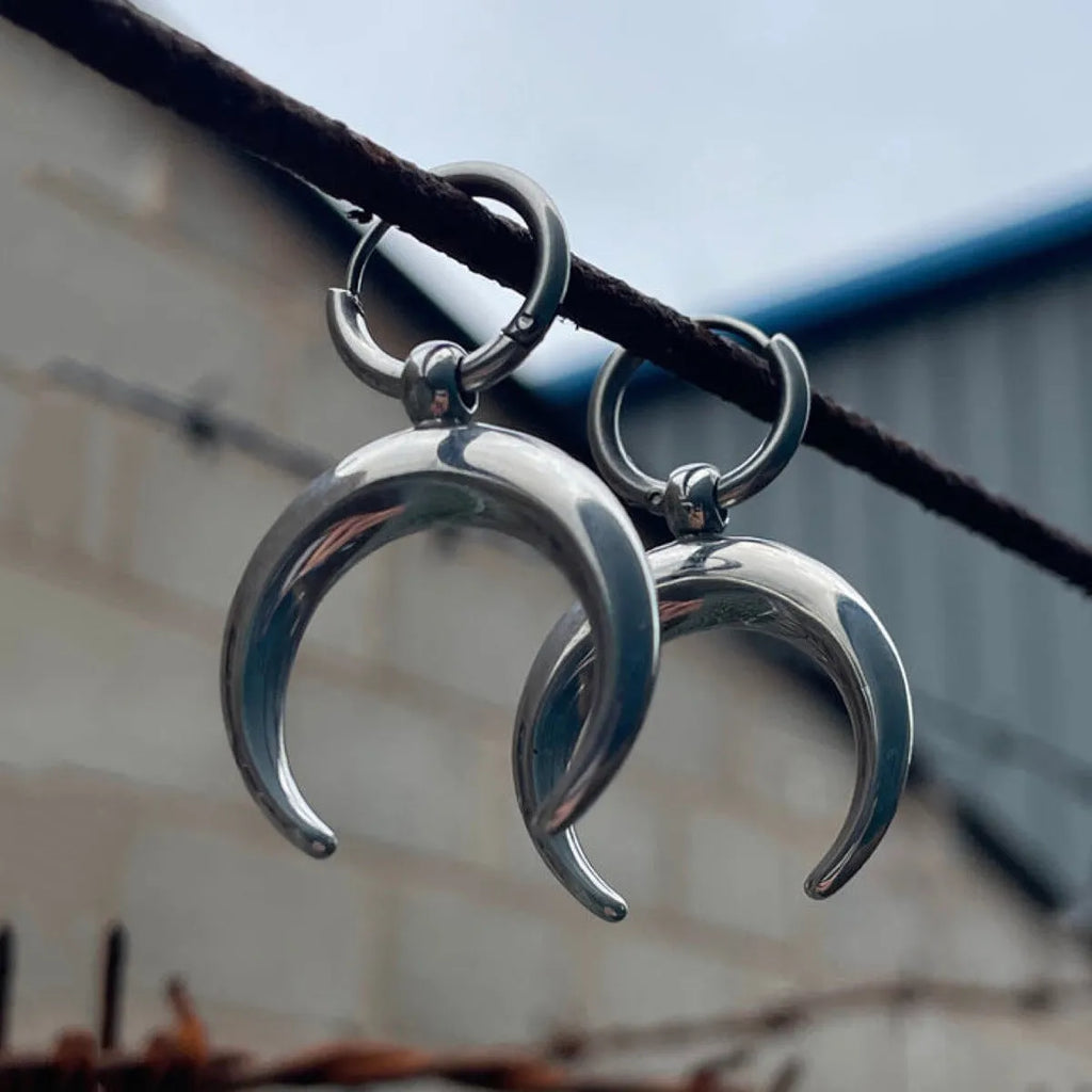 Silver geometric hoop earrings with moon detail, clip-on vintage gothic punk jewellery