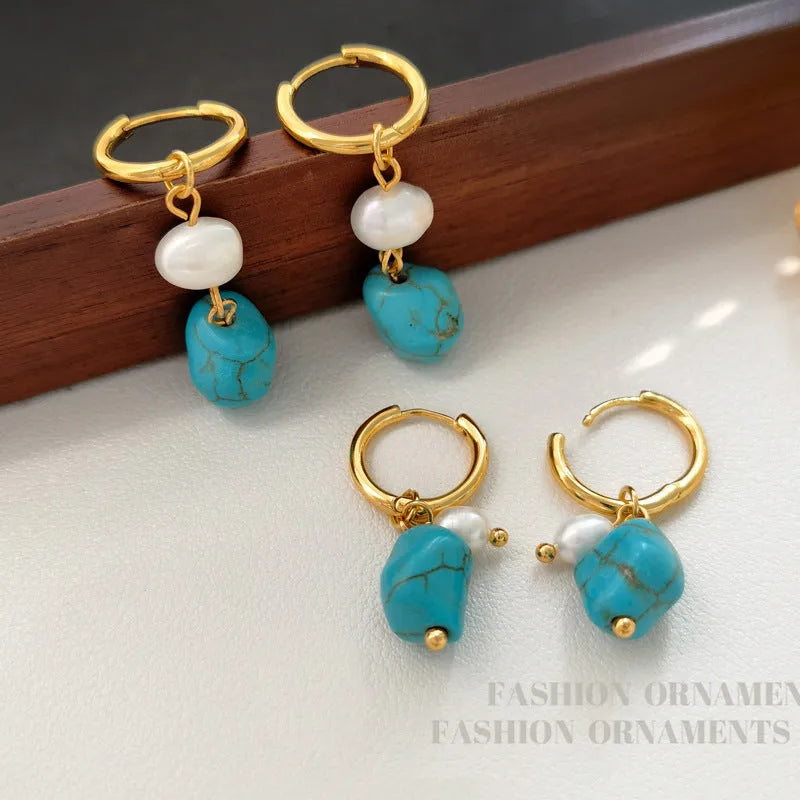 Copper geometric ear clips with irregular turquoise stones and cultured pearls, showing both short and long dangle styles