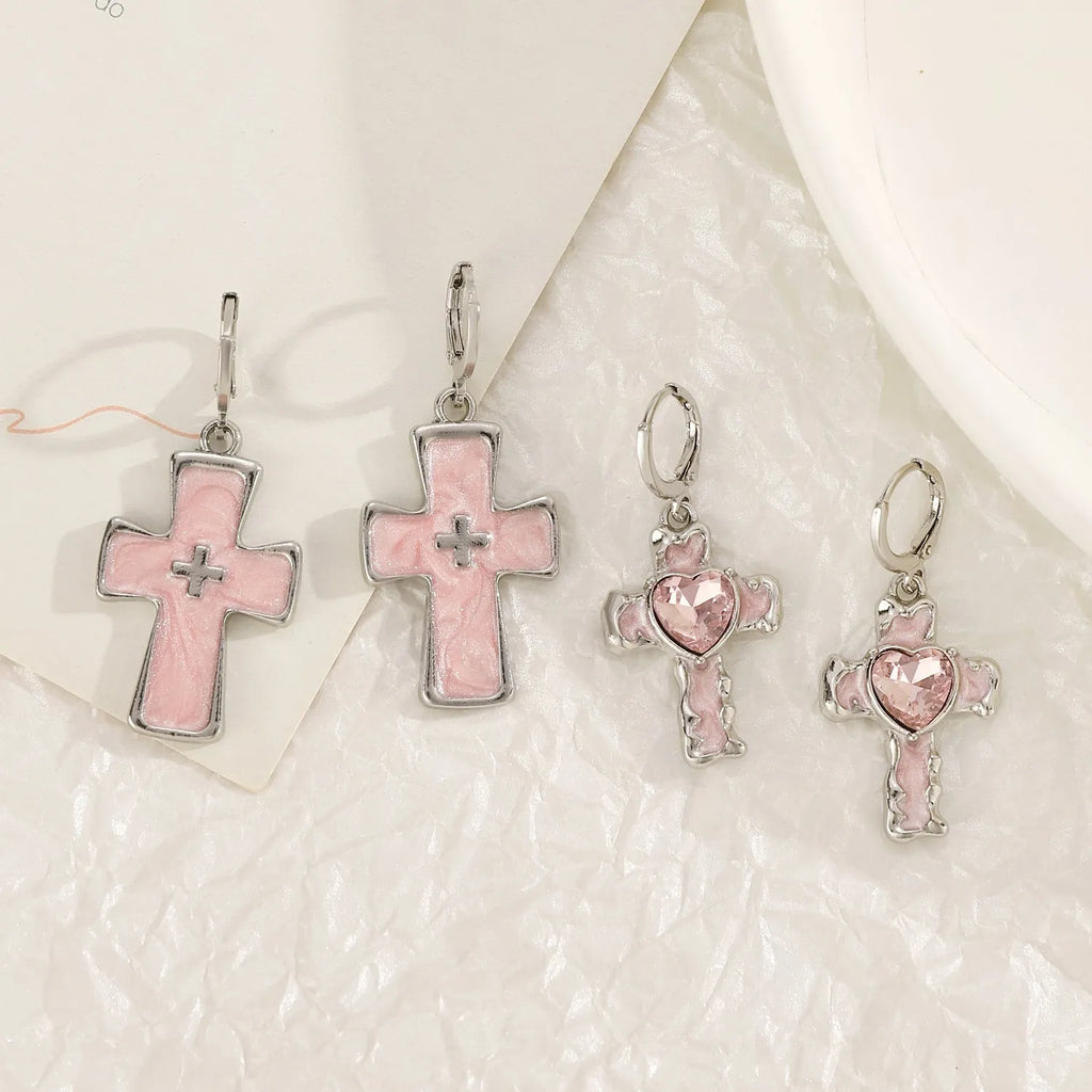 Women's alloy earrings with cross designs in white, bright black, and antique silver colour options