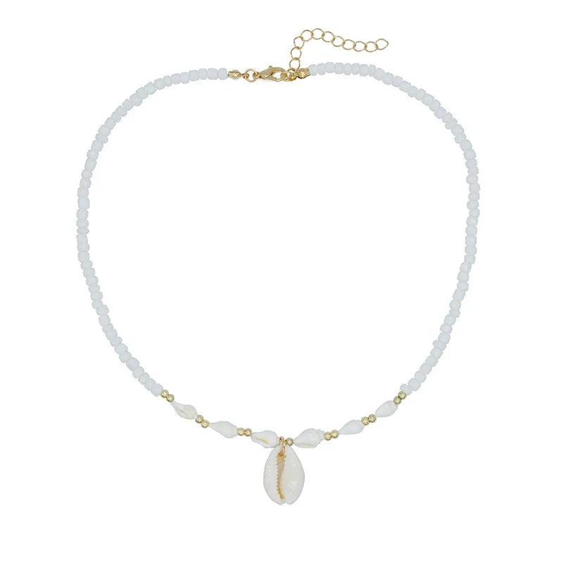 White conch shell necklace with a mother pearl pendant on a regular chain.