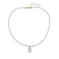 White conch shell necklace with a mother pearl pendant on a regular chain.
