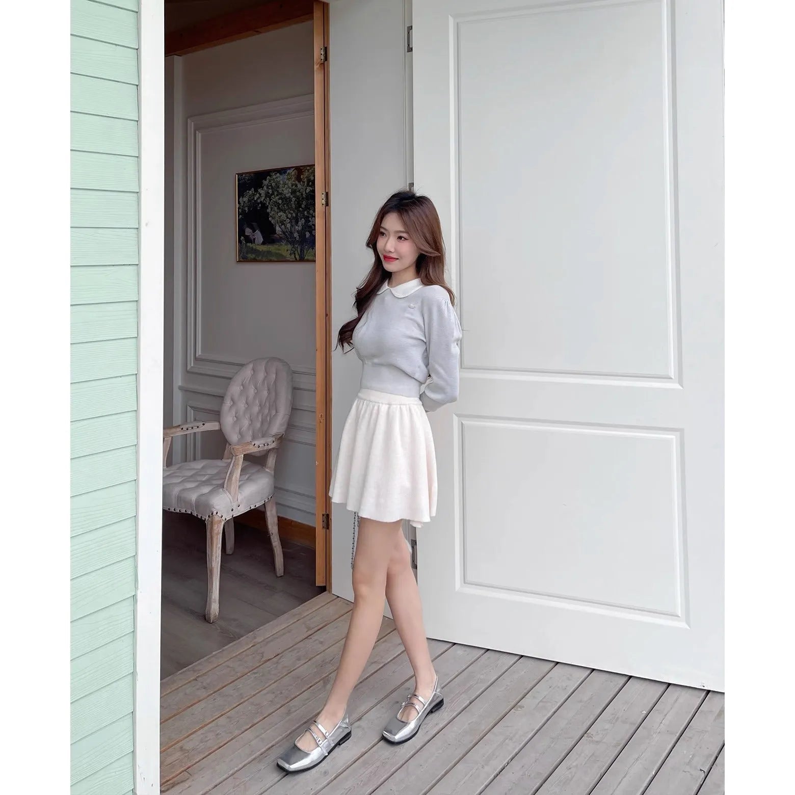 Women's silver genuine leather ballet flats with cross buckle strap and Mary Jane styling