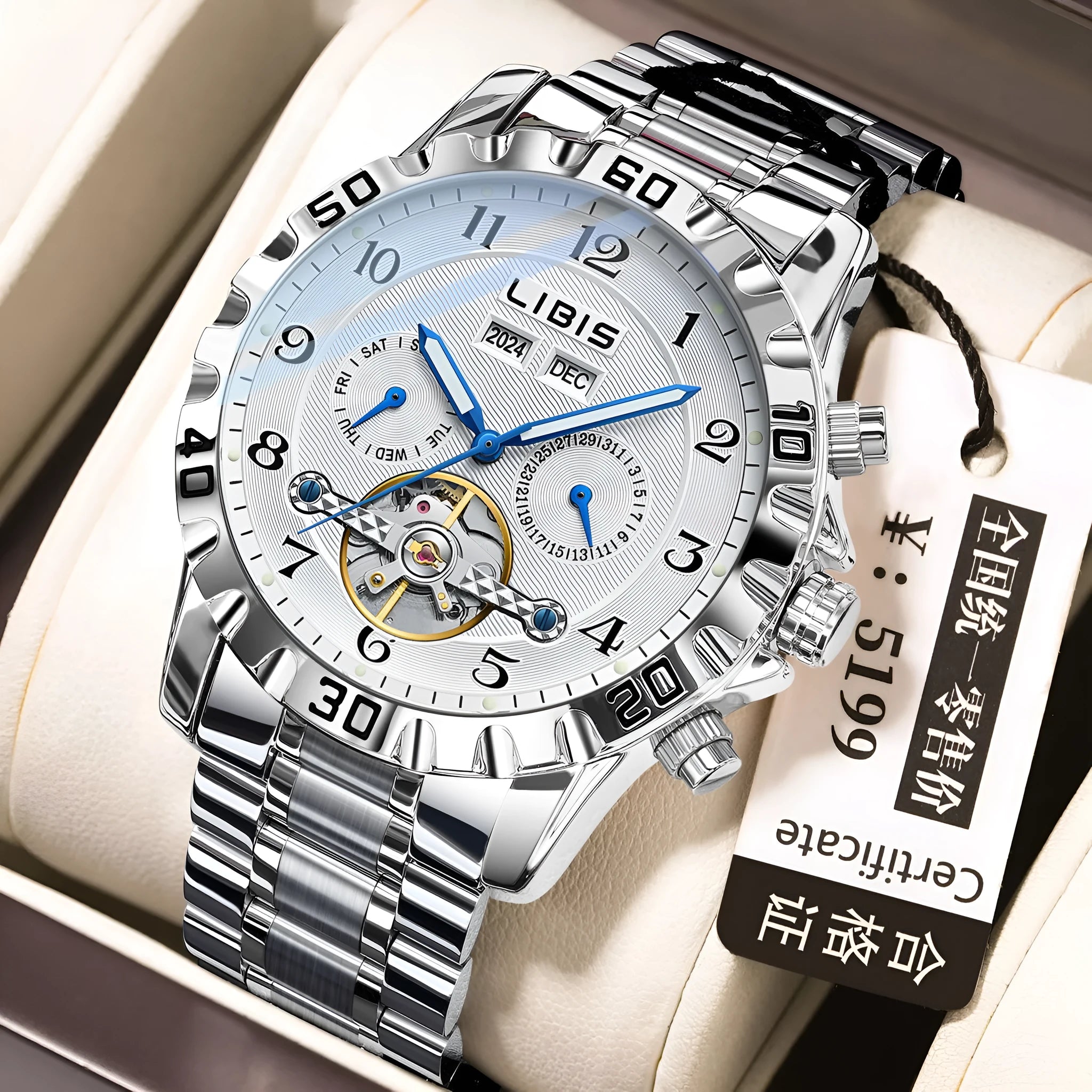 Men's silver stainless steel automatic perpetual calendar watch with sapphire crystal glass.