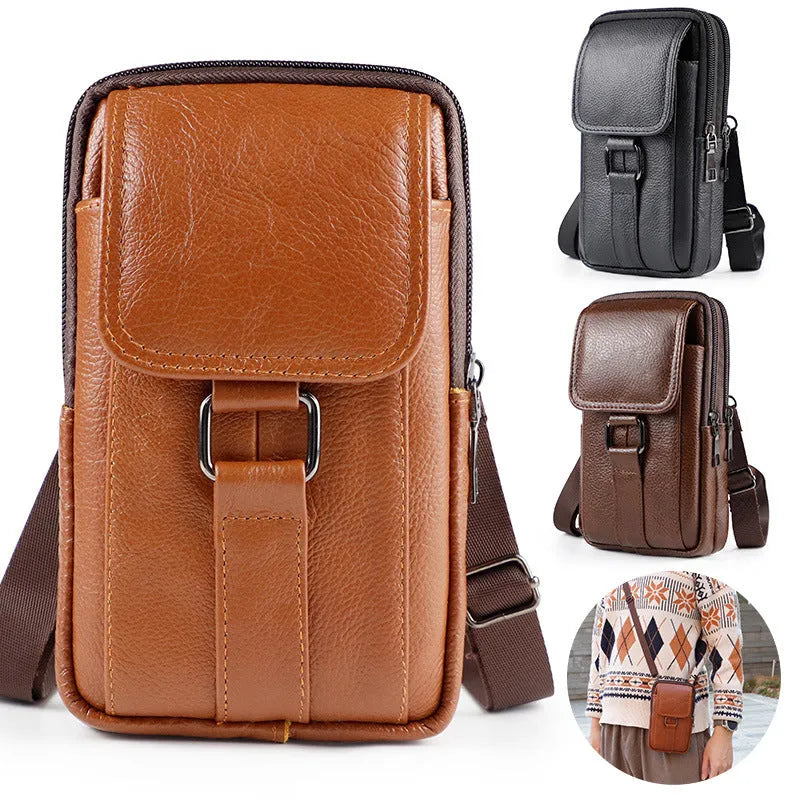 Men's black genuine leather waist crossbody bag with vertical square design and internal coin pocket