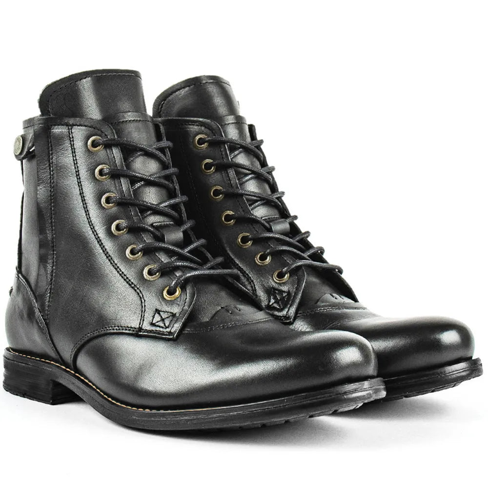 Knight Series men's two-tone leather boots with side zipper in black and brown colours