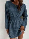 Blue knitted dress with French loose round neck, fitted waist, and hand-crocheted flower decorations