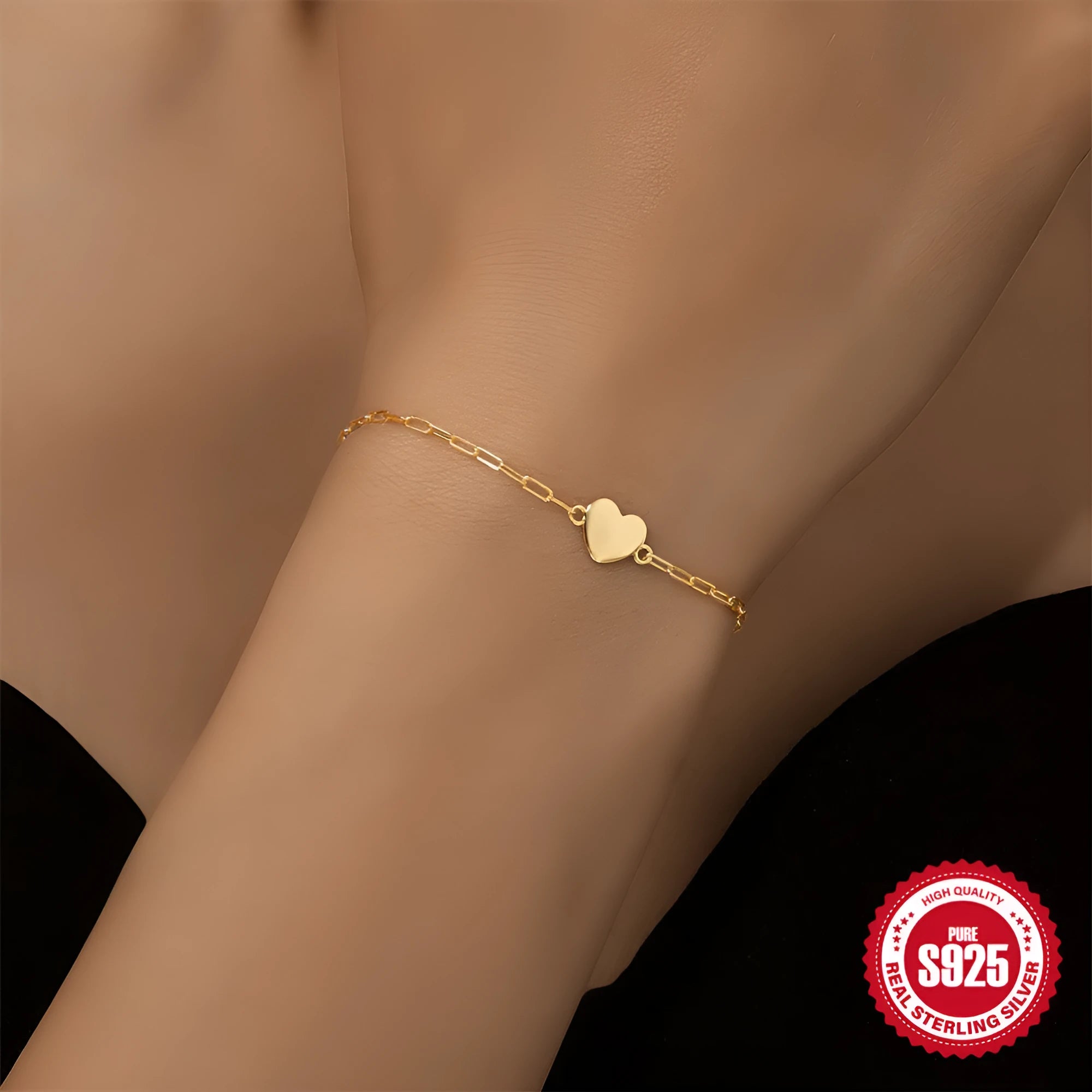 S925 sterling silver bracelet with clip chain clasp and geometric heart charm