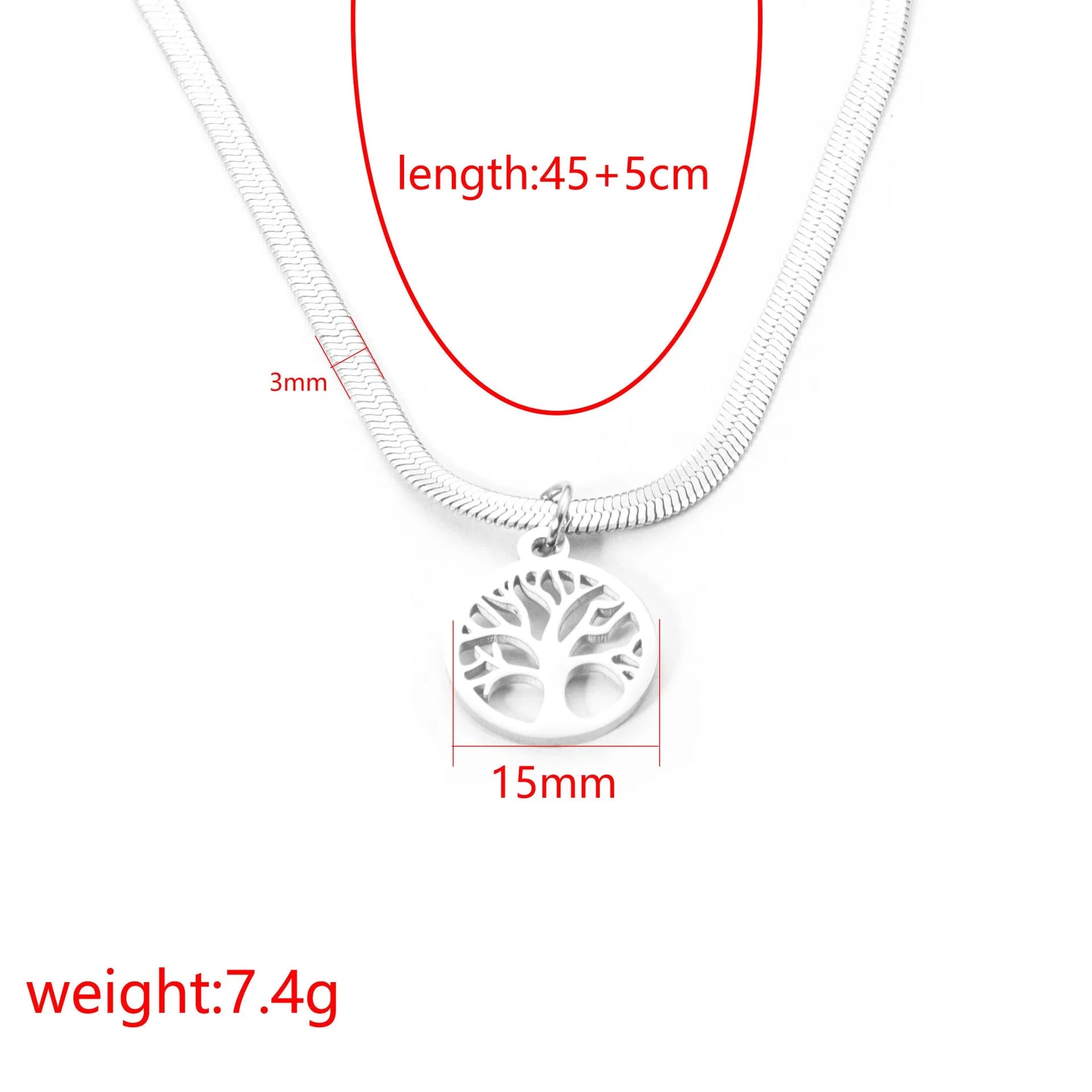 Adjustable tree pendant necklace with snake bones chain in gold or steel finish