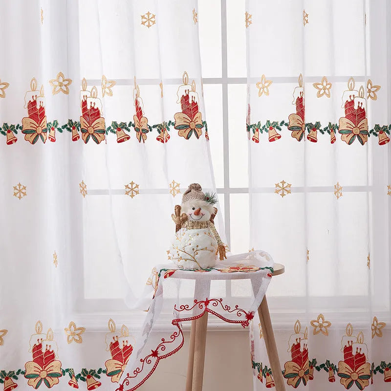American Christmas curtains with embroidered snowflake design in semi-sunshade polyester fabric