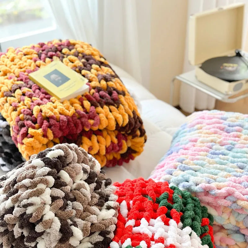 Handmade striped chenille cover blanket in caramel mango colour showing texture and size.