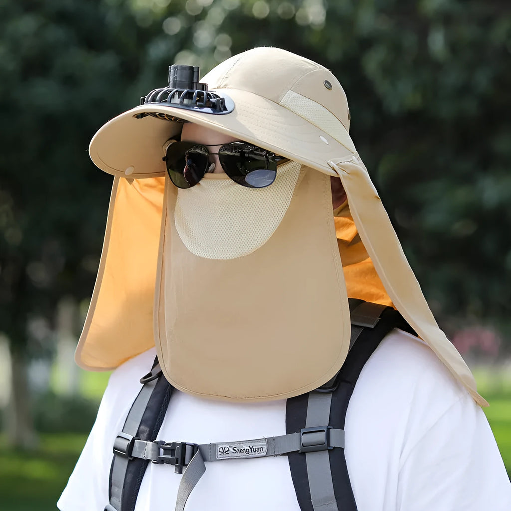 Men's sun protection hat with USB fan and integrated neck shawl in khaki colour