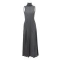 Grey slim-fit women's cotton dress with half turtleneck and backless design.