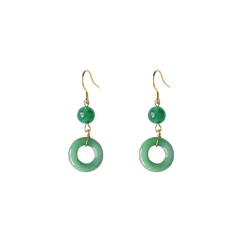 Green jade design peace buckle earrings in 14K gold colour zinc alloy