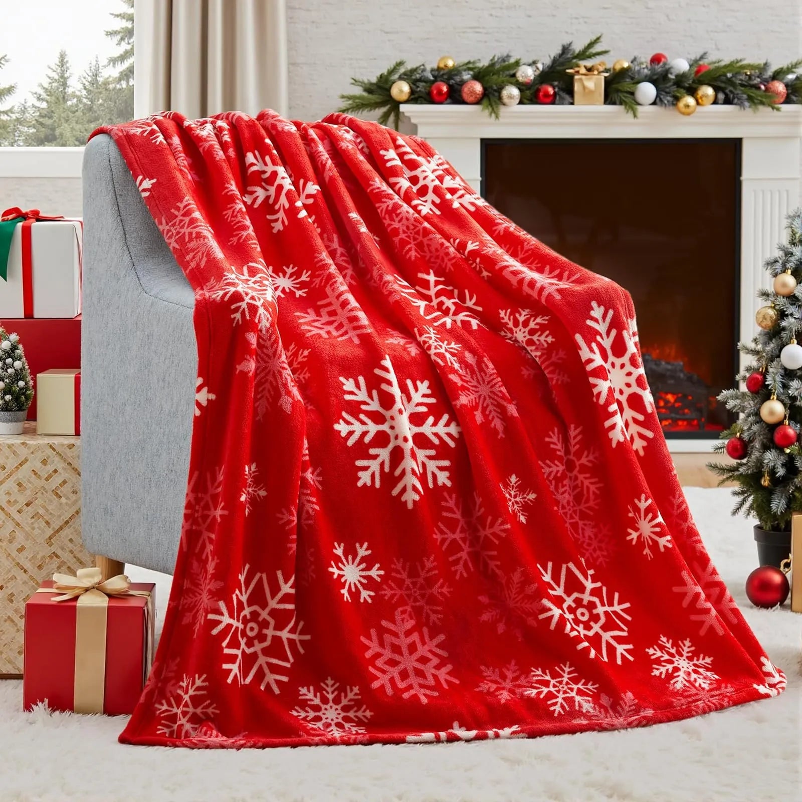 Soft plush flannel Christmas blanket in a choice of colours and sizes on a sofa.
