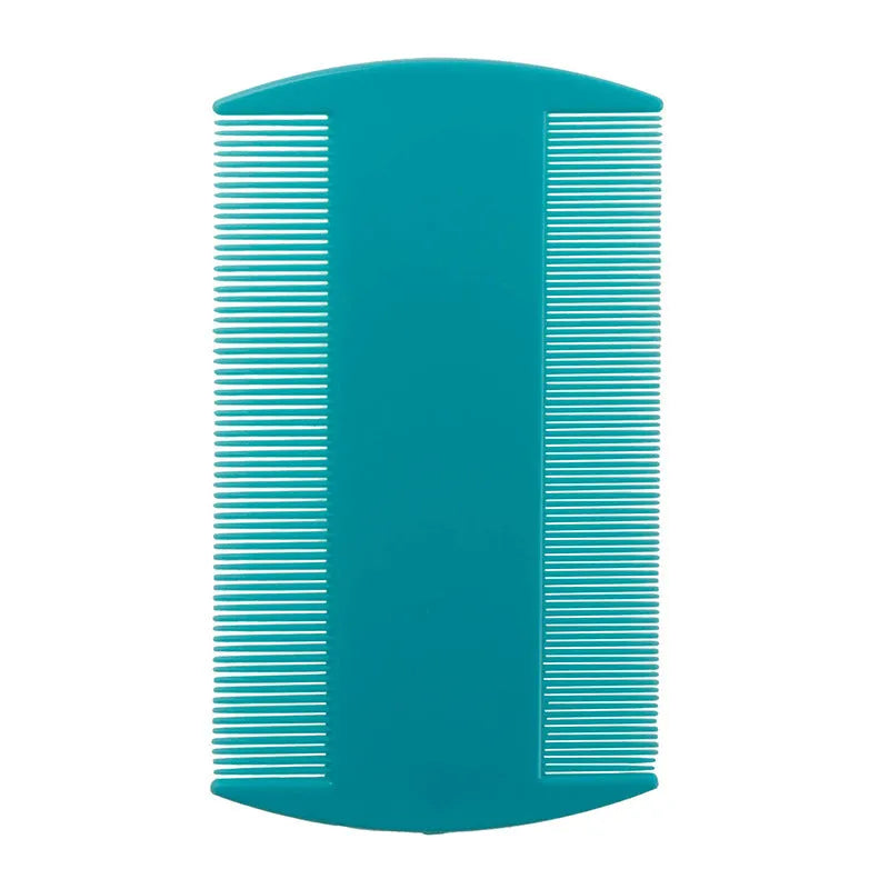 A white plastic double-edged fine-toothed flea and lice comb, shown from above on a plain surface.