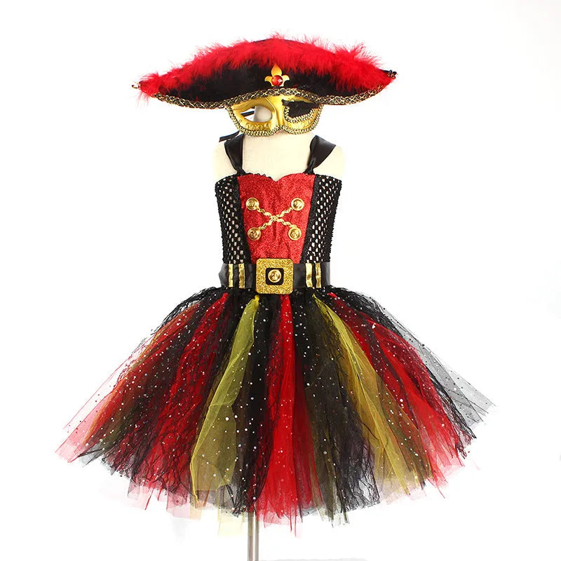 Girls sleeveless pirate costume dress with sequins and black gauze mesh overlay.