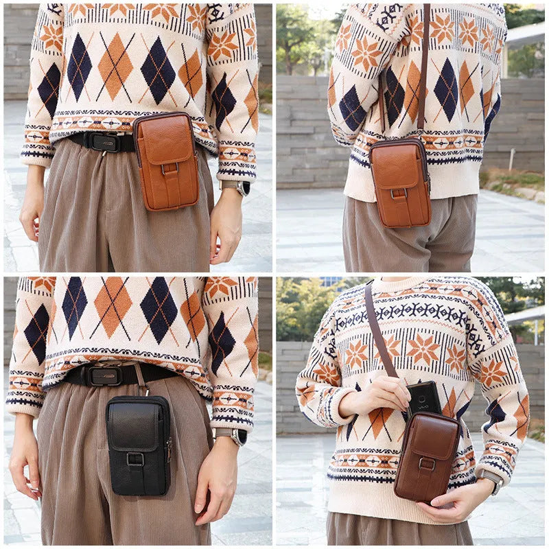 Men's black genuine leather waist crossbody bag with vertical square design and internal coin pocket