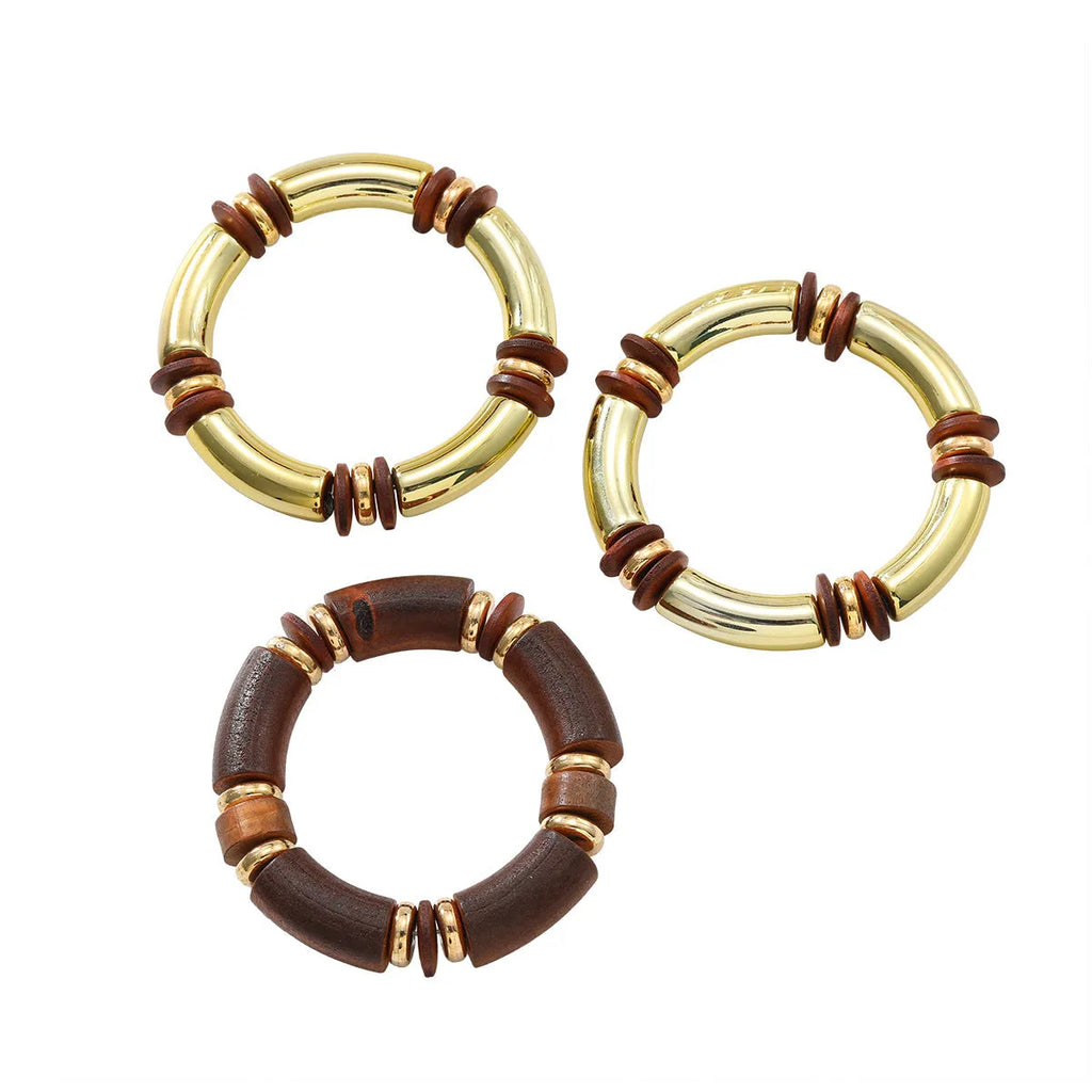 Multi-layer wooden necklace and bracelet set with alloy chain and round elements