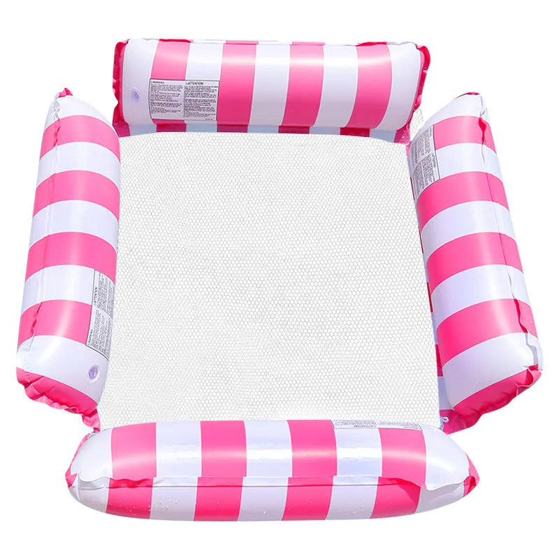 Inflatable four-tube floating deck chair with striped design and mesh seat on water.