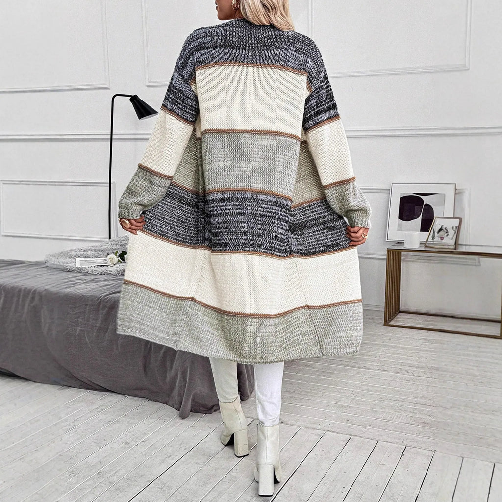 Grey women's knitted long cardigan with loose fit and stripe pattern