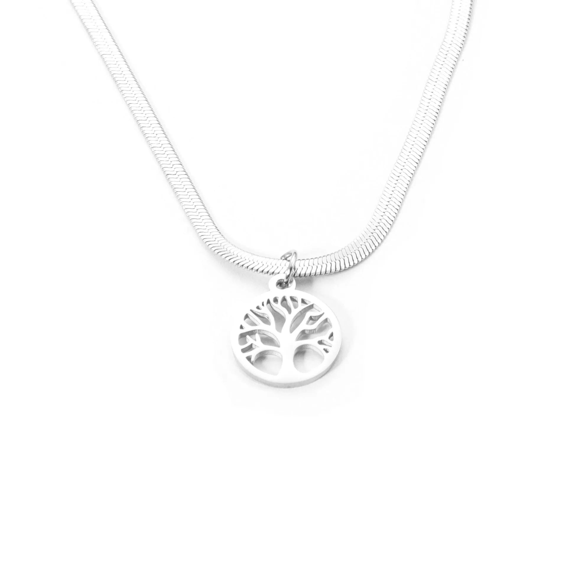 Adjustable tree pendant necklace with snake bones chain in gold or steel finish