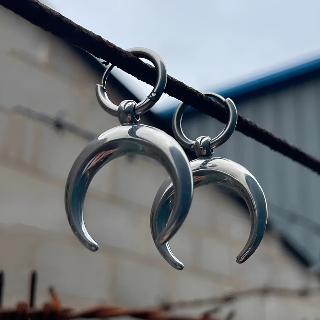 Silver geometric hoop earrings with moon detail, clip-on vintage gothic punk jewellery