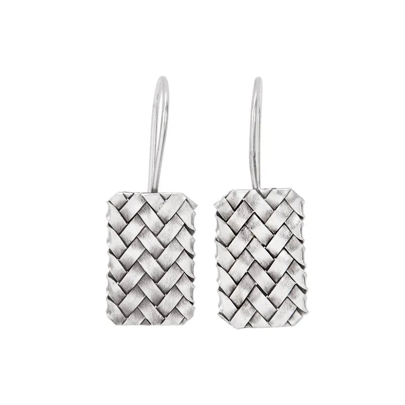 Silver geometric woven diamond plaid earrings measuring 17.5mm by 11mm