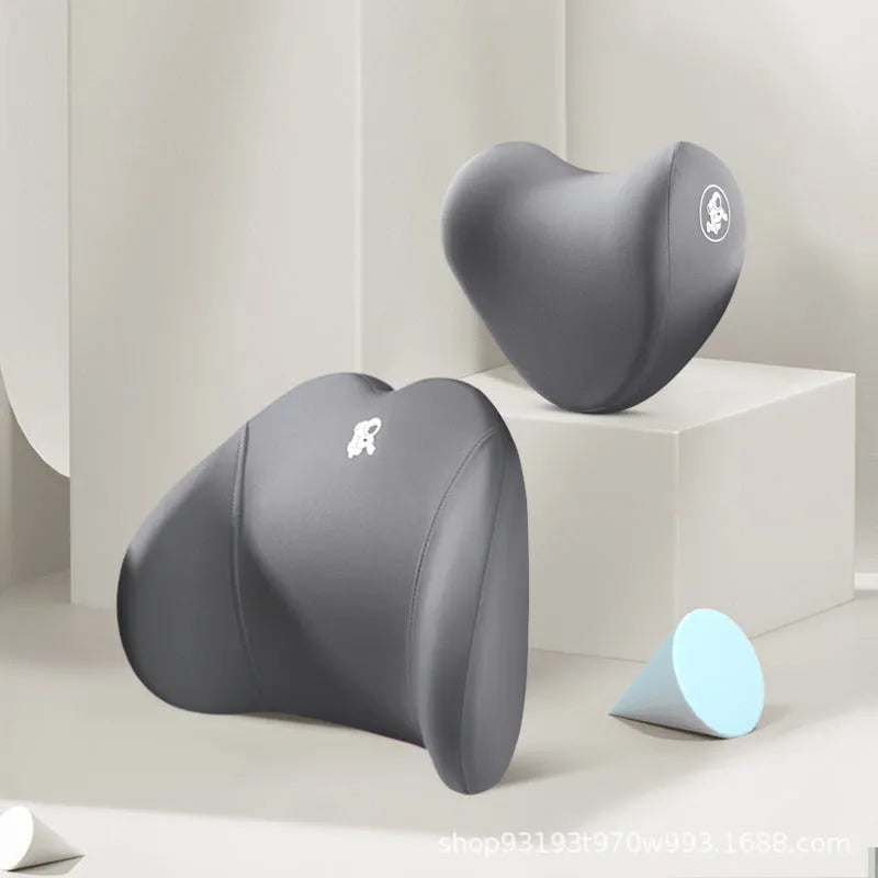 Heart-shaped memory foam car pillow set showing lumbar support and headrest pillow in grey colour with contrasting heart design