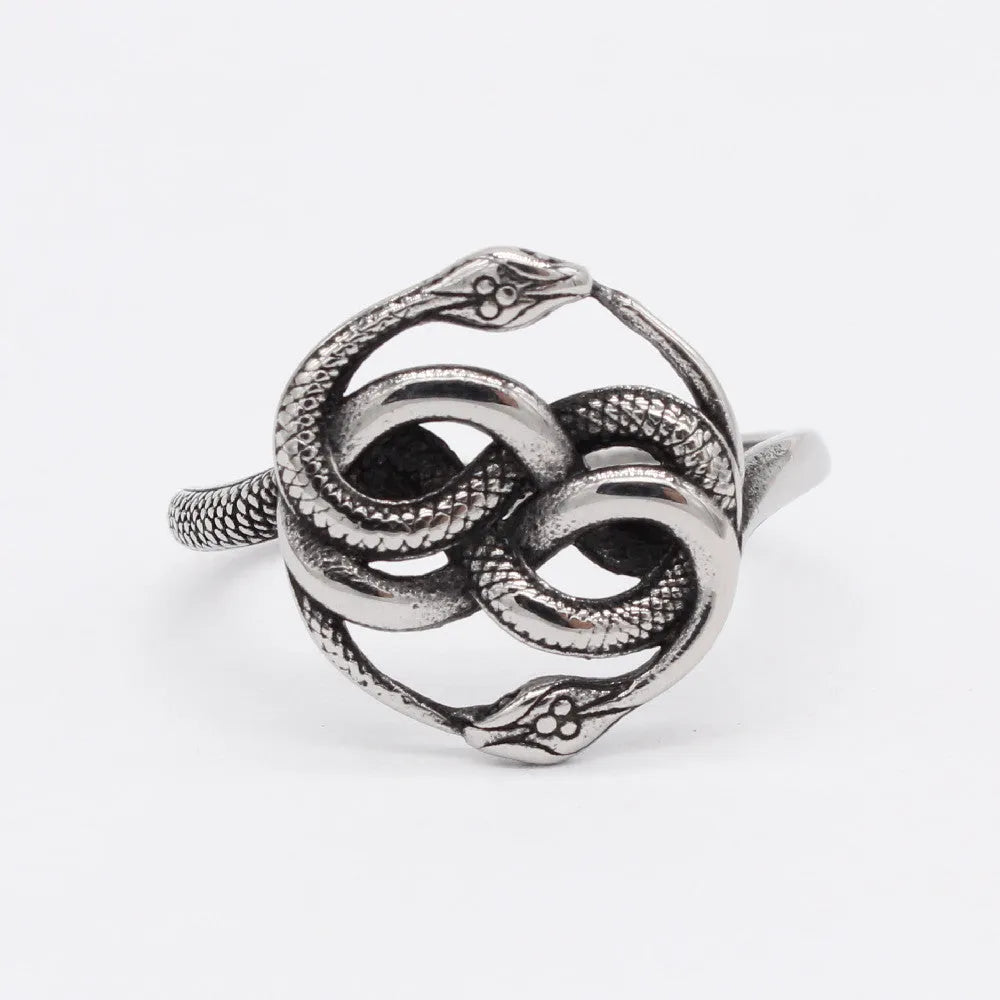 Titanium steel double snake ring in steel colour with retro design on size chart showing EU 6-13