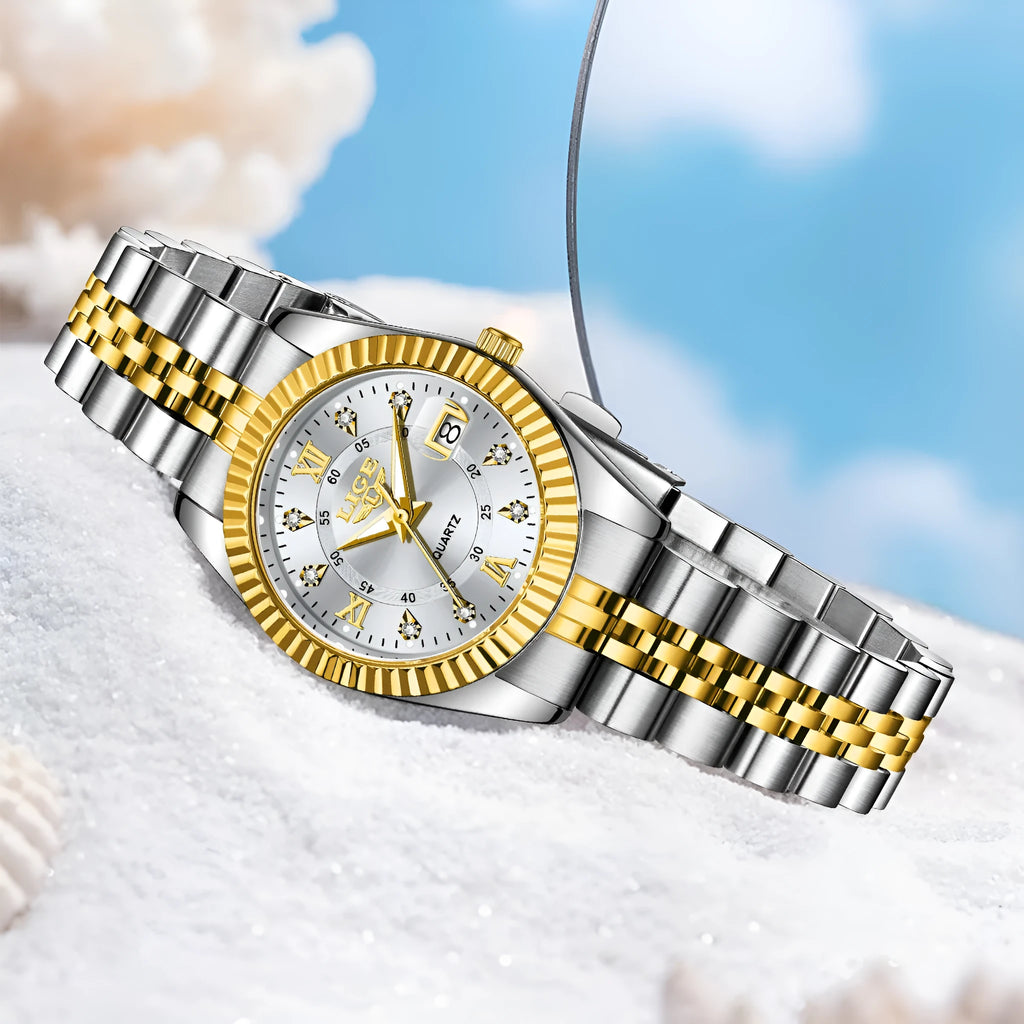 Waterproof quartz watch for couples in gold or silver colour options with a 10mm case.