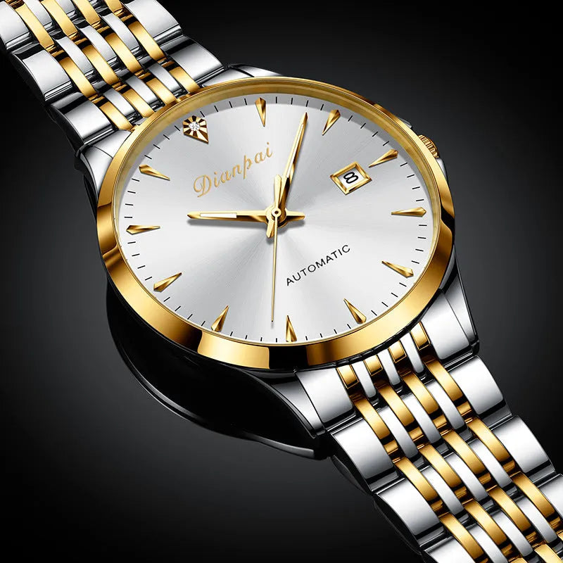 Men's automatic watch with stainless steel bracelet and a white dial, showing water resistance of 30 metres.