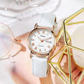 Women's automatic mechanical watch with 12mm steel case showing leather strap and white dial option