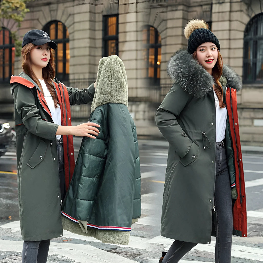 Women's long beige trench coat with cotton-padded construction and belt.