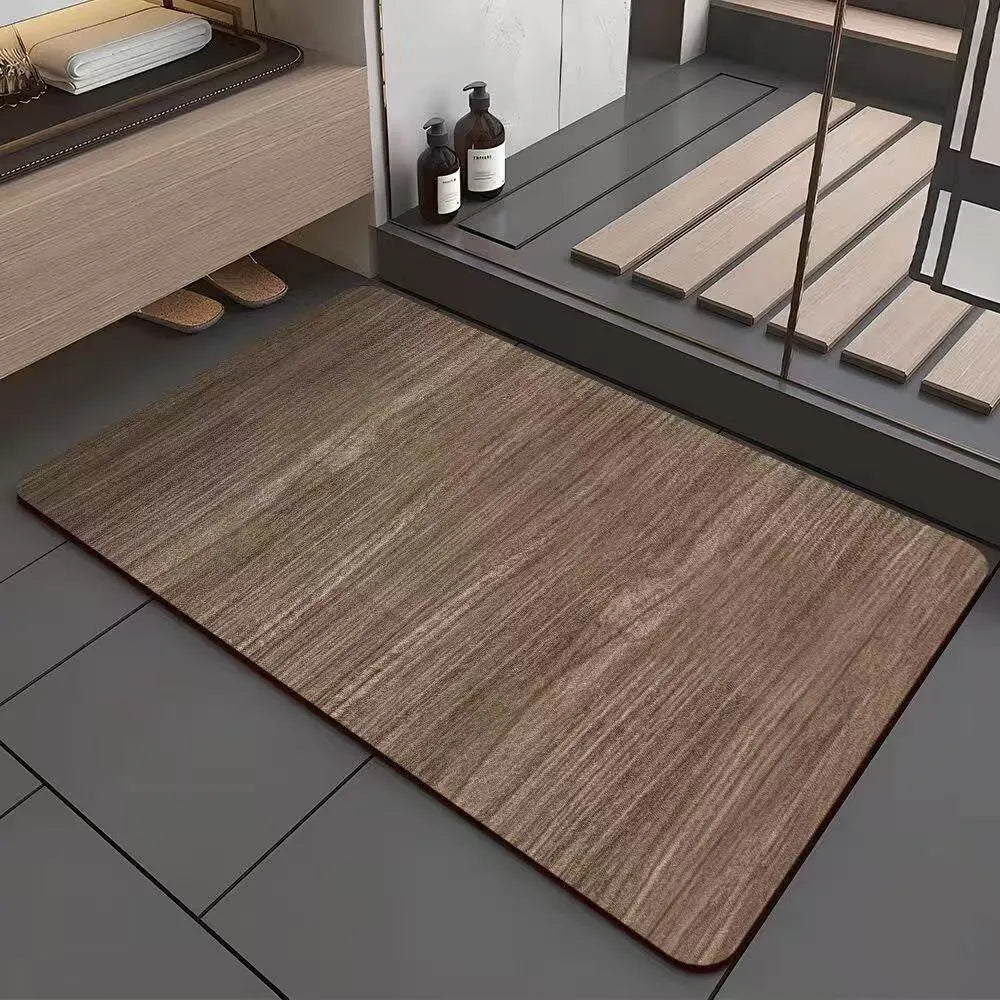 Square American wood grain design diatomite bathroom floor mat on tiles.