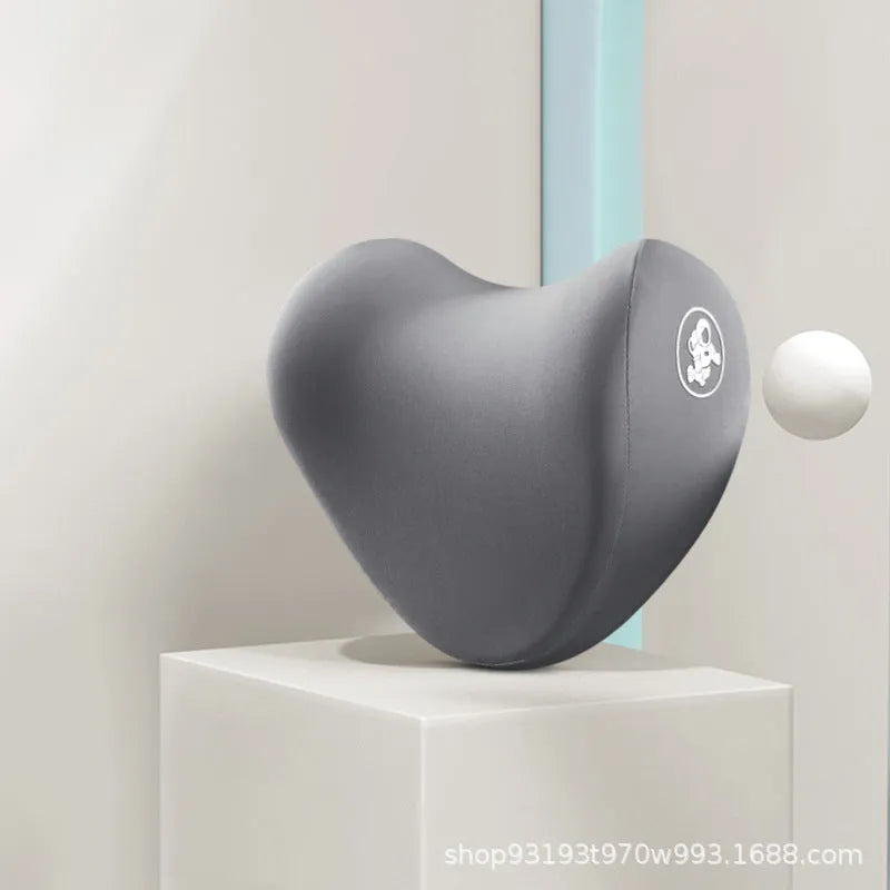 Heart-shaped memory foam car pillow set showing lumbar support and headrest pillow in grey colour with contrasting heart design