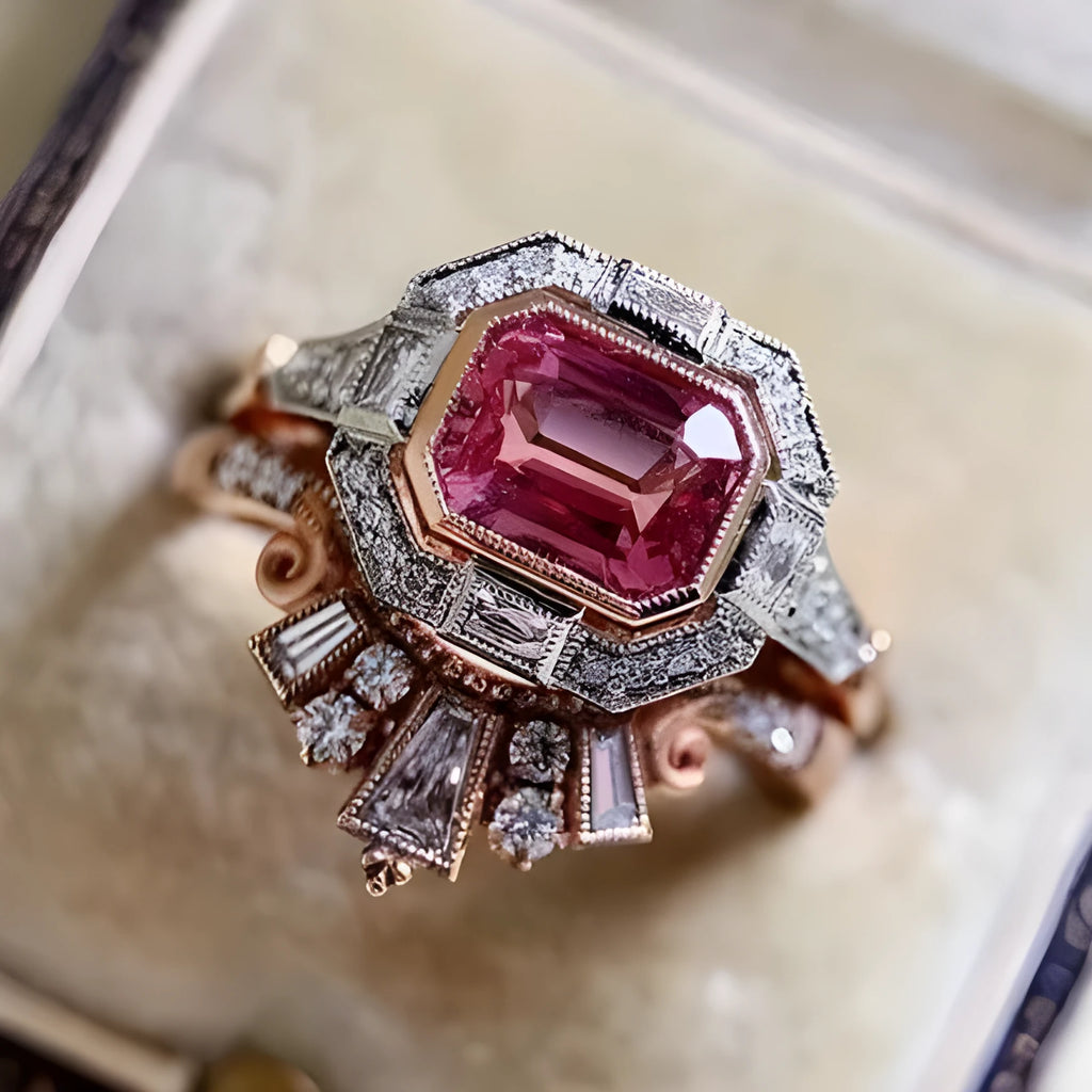 Rose gold geometric alloy women's ring with a retro ruby style on a grey background.