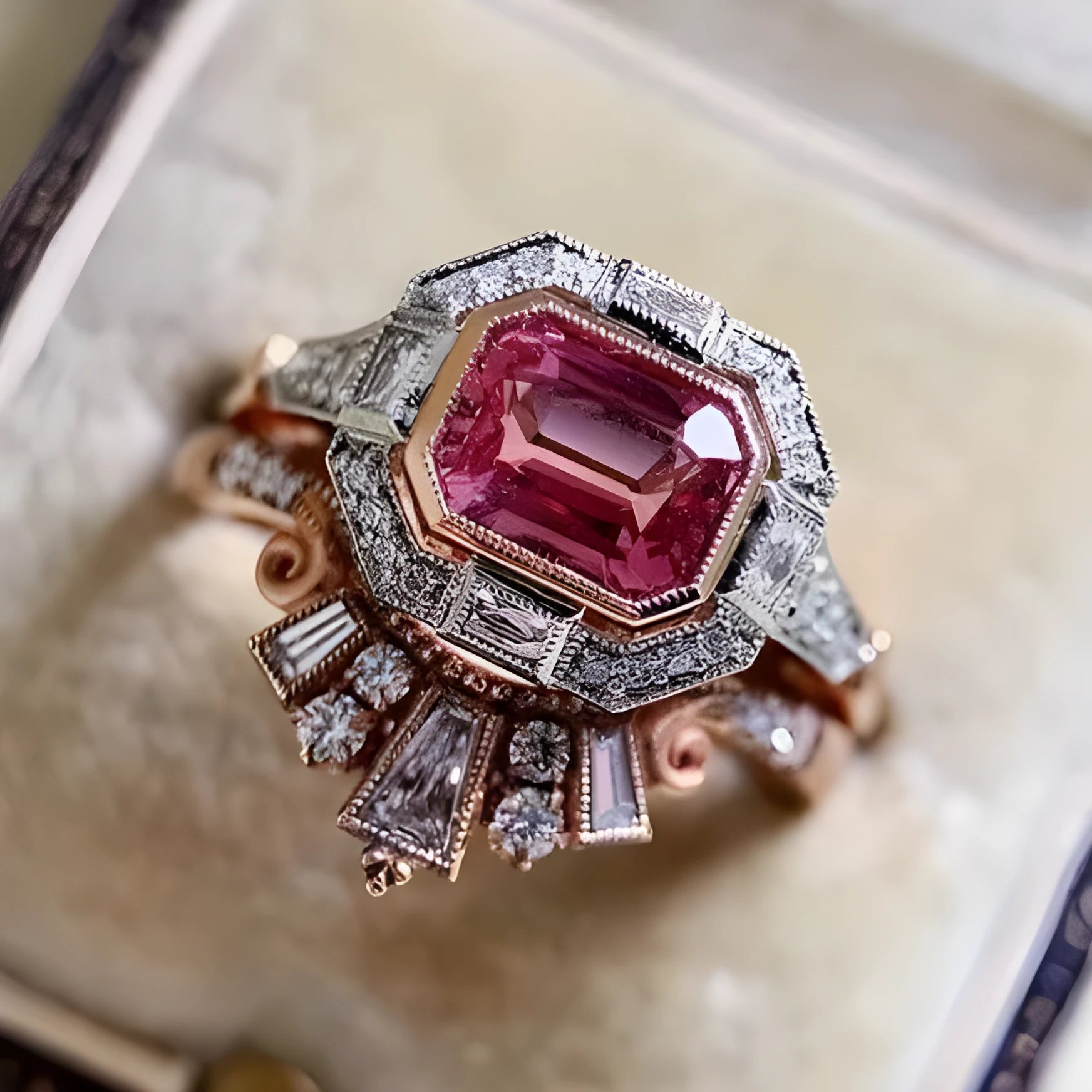 Rose gold geometric alloy women's ring with a retro ruby style on a grey background.