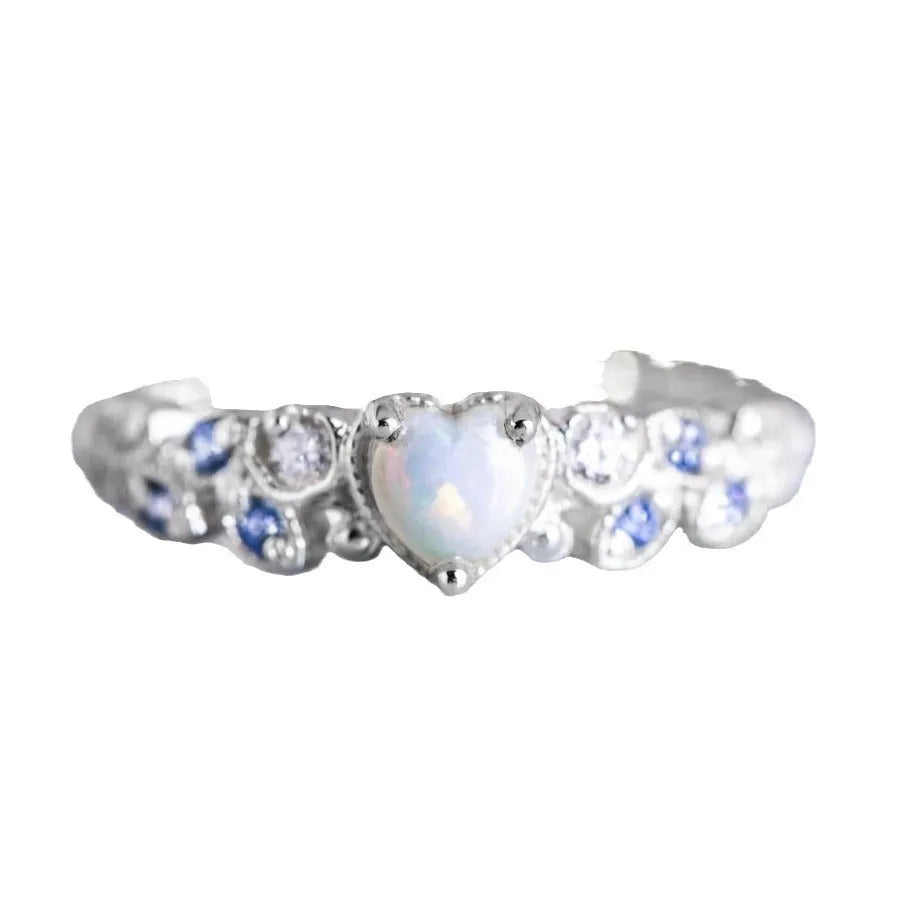 Women's peach heart alloy ring with floral opal ocean design and white electroplated finish