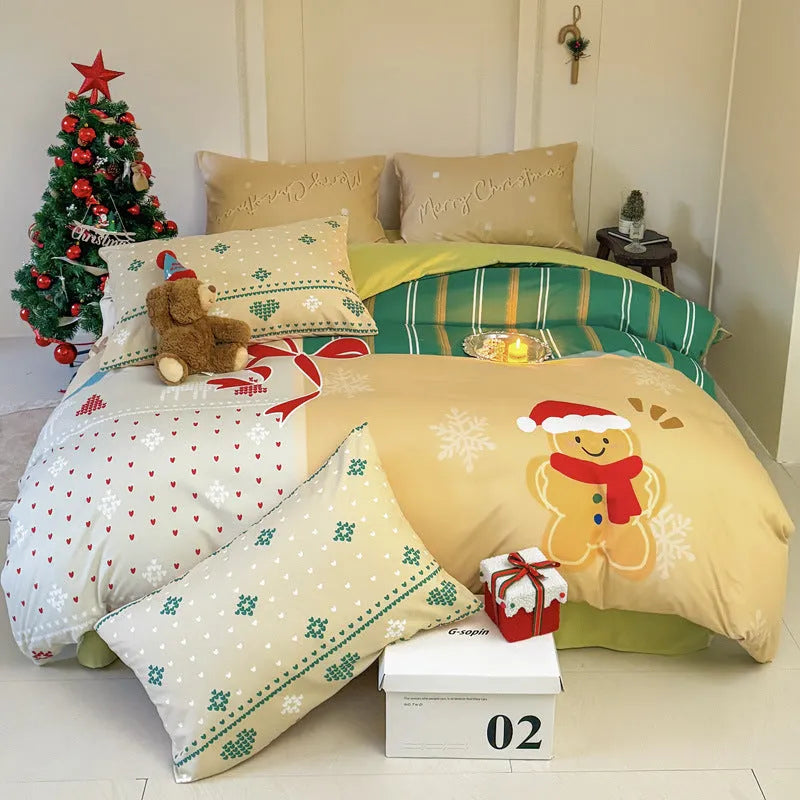 Christmas cartoon printed four-piece cotton bedding set showing duvet cover and pillowcases