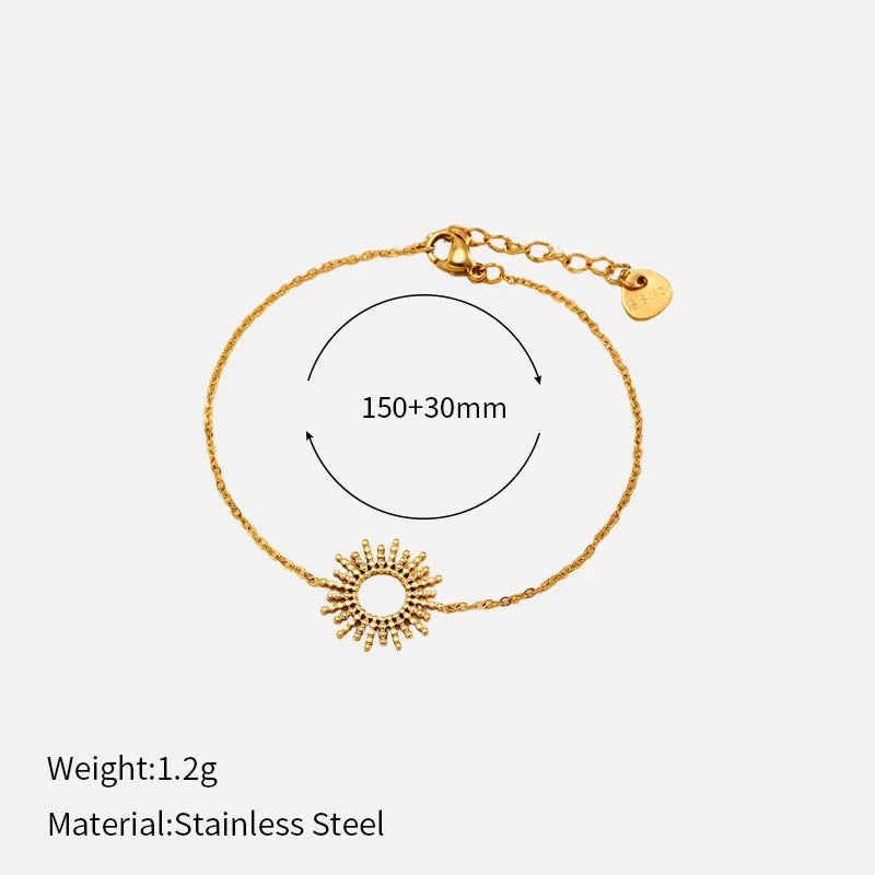 Gold sunflower geometric jewellery set with necklace and bracelet on stainless steel