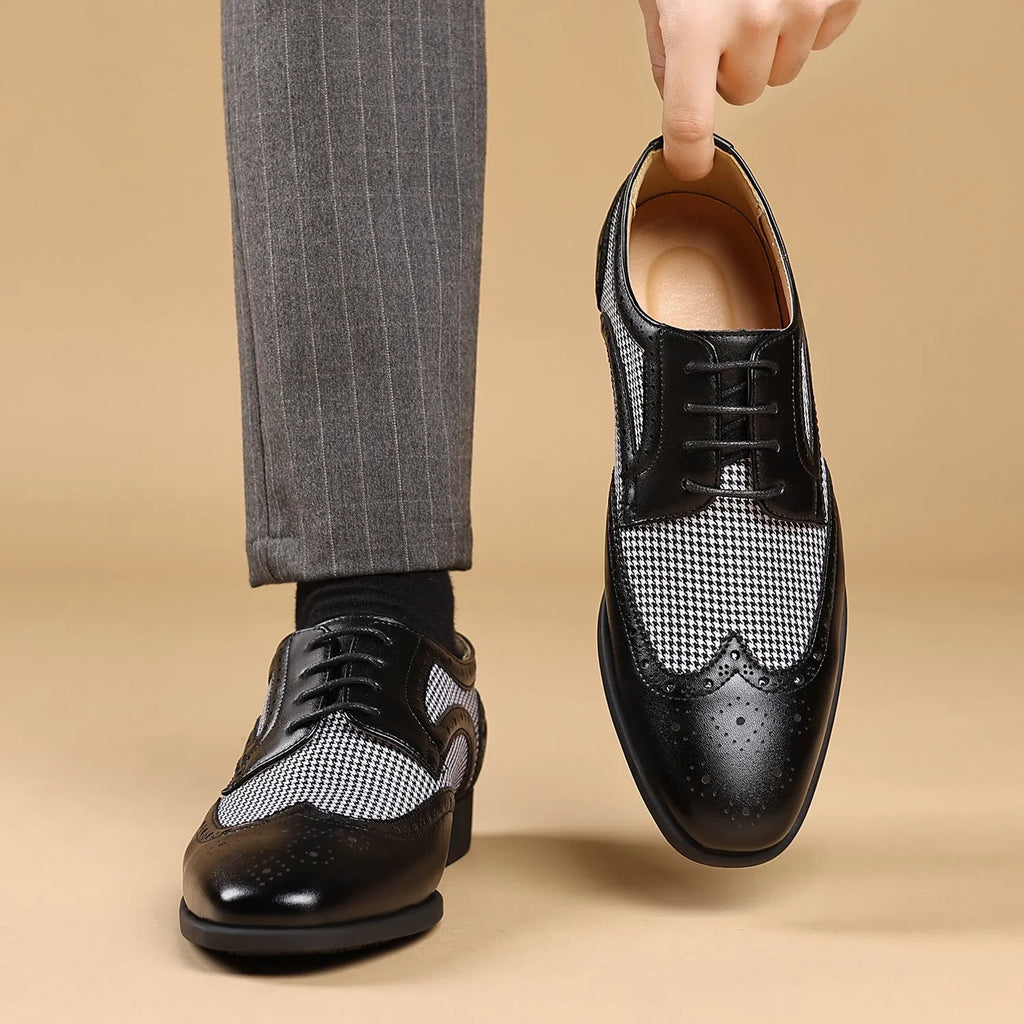 Men's black houndstooth plaid casual shoes with lace-up front and rubber sole.