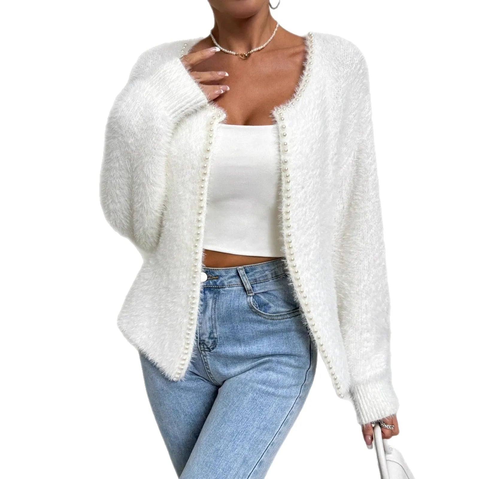 White women's V-neck cardigan sweater with polyester knit fabric and medium thickness