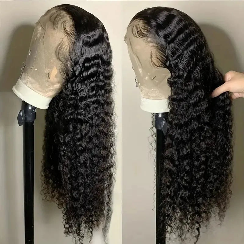 Women's long curly black synthetic lace wig with side bangs in small roll Afro style.